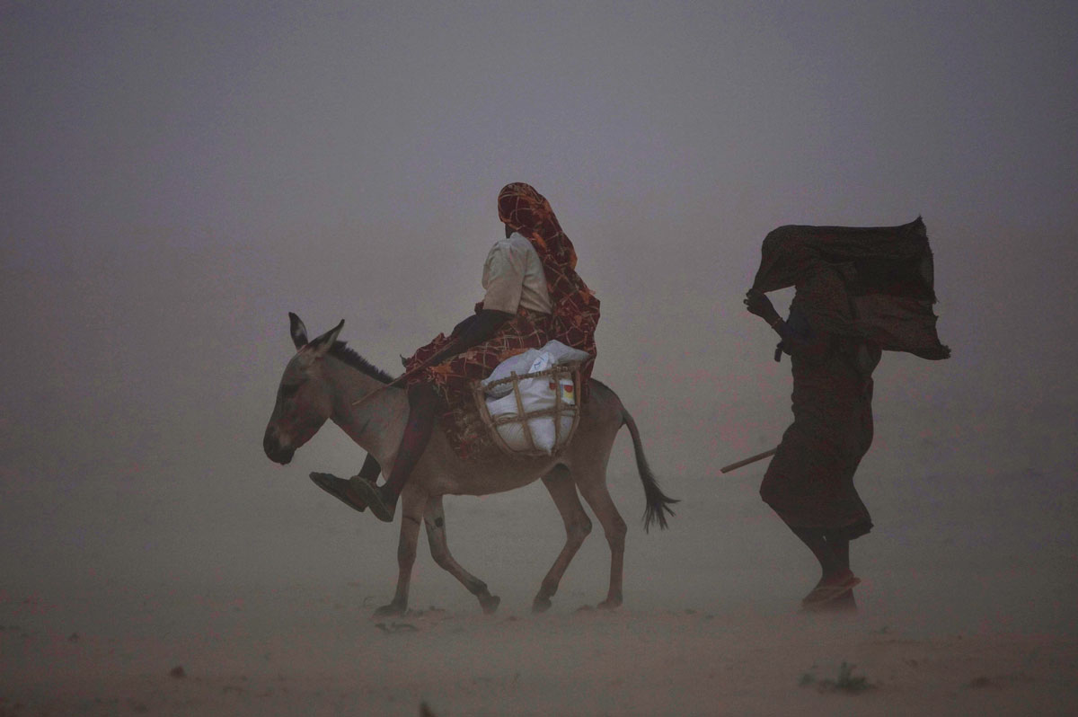 Menekültek, akik a darfuri konfliktus elől egy tábor felé tartanak a sivatagi homokviharban