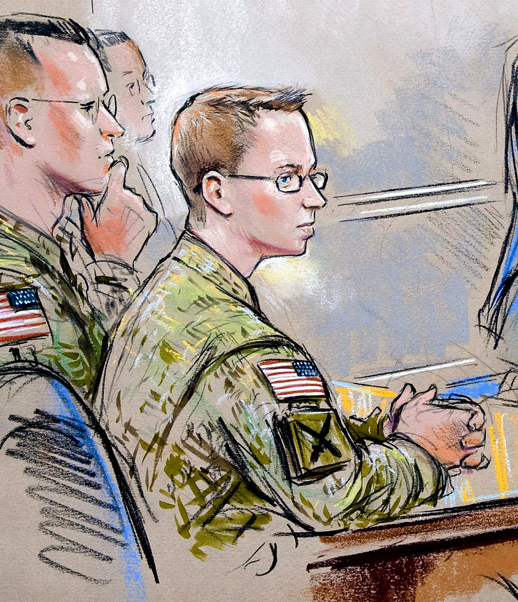 Bírósági rajz a tárgyalóteremben ülő Bradley Manning amerikai őrvezetőről a katonai bíróság előtti meghallgatásán