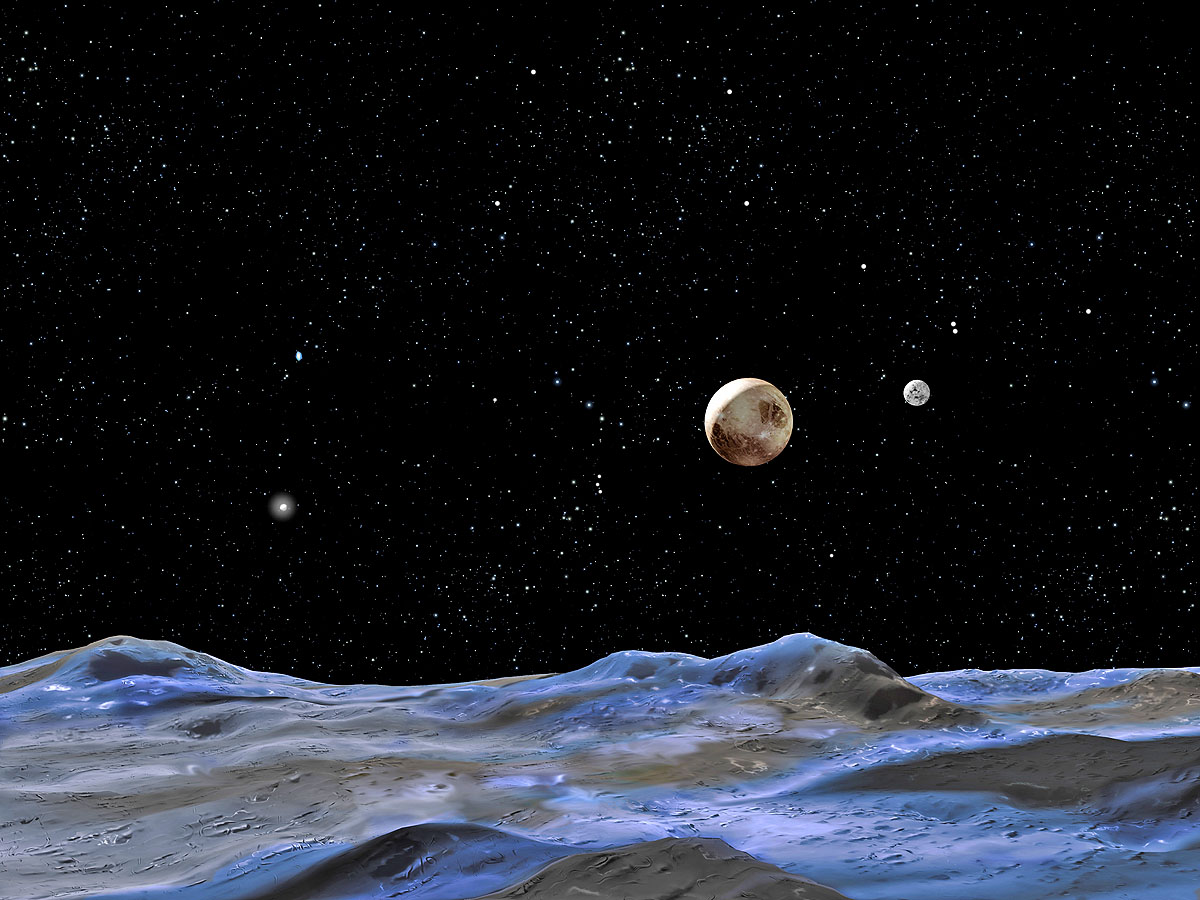 Fantáziarajz a Plútó fagyos felszínéről és két holdjáról, a Nixről és a Hydráról
