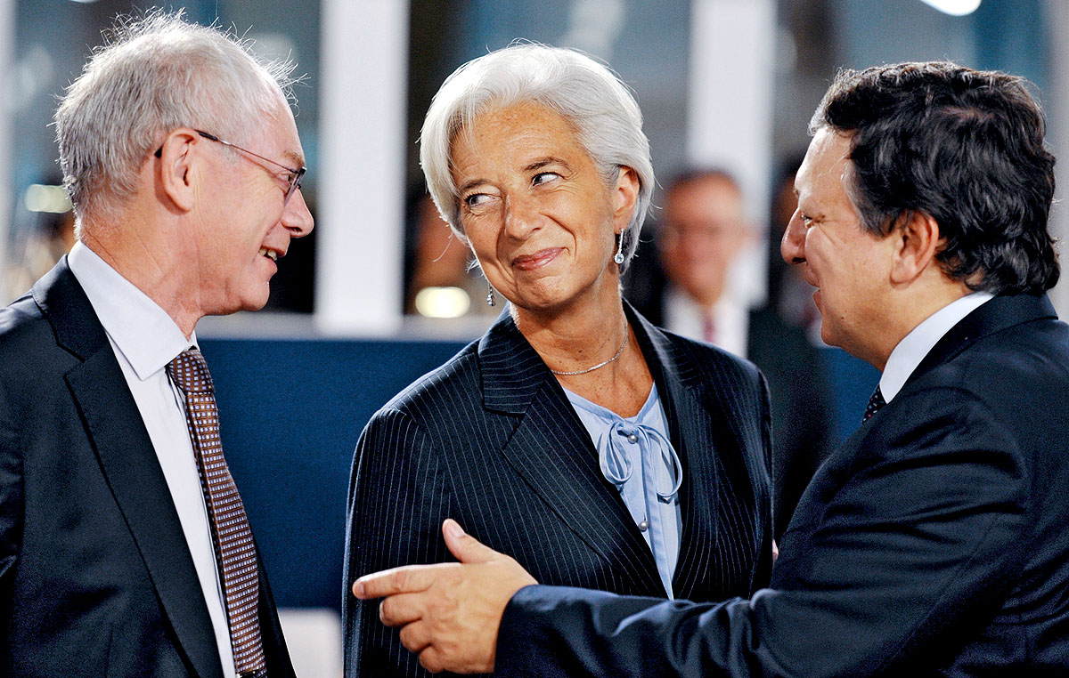 Herman Van Rompuy, az EU elnöke, Christine Lagarde, az IMF vezetője és José Manuel Barroso, az EB elnöke a tavaly novemberi G20-csúcson – A két hitelnyújtó kemény feltételeket támaszt