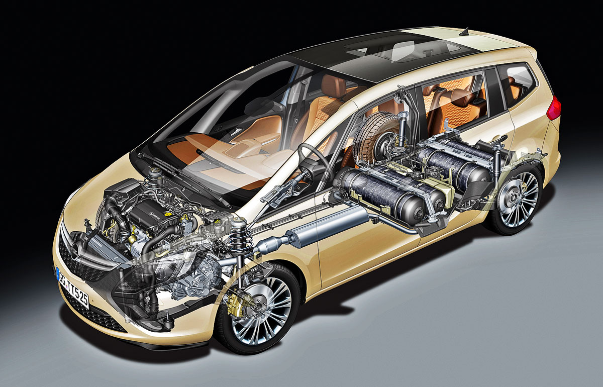 Röntgenrajz az új Opel Zafira EcoFlex modellről, melybe négy gáztartályt és egy benzintankot építettek