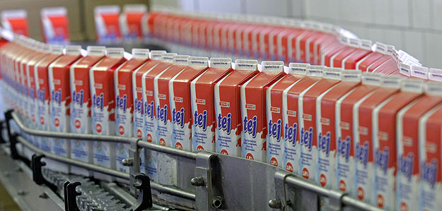 Futószalagon továbbított dobozos tejek – Csökken a fogyasztás