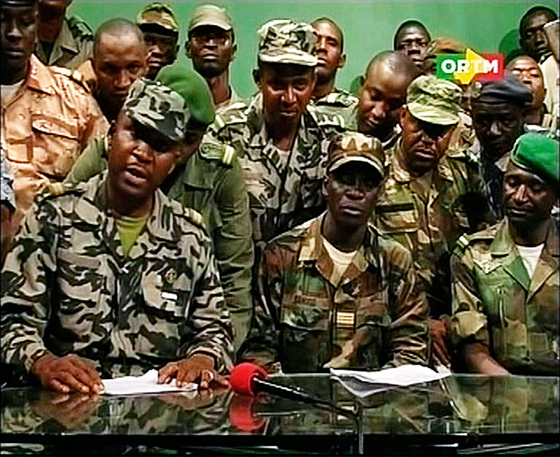 Renegade Malian soldiers appear on television at the ORTM television studio in Bamako in this March 22, 2012 still image taken from video. Renegade Malian soldiers went on state television on Thursday to declare they had seized power in protest at th