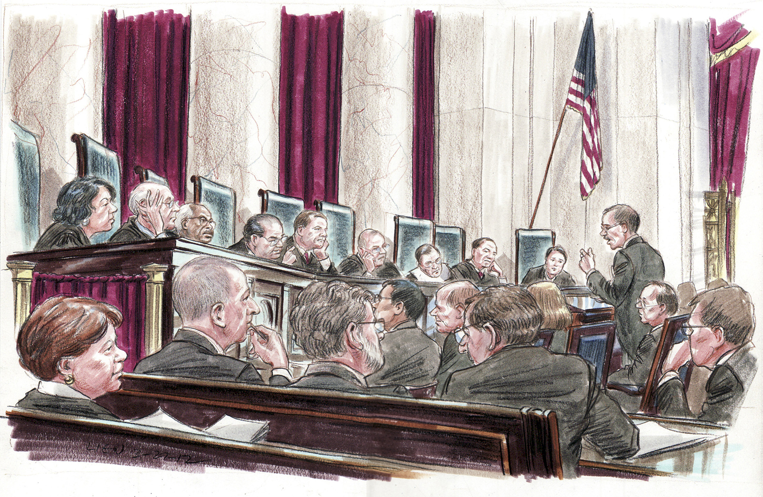 Bírósági rajz az amerikai legfelső bíróság tárgyalásáról: Donald Verrilli, az Obama-kormányzat hivatalos képviselője ismerteti álláspontját az egészségügyi törvényről a kilenc bírónak