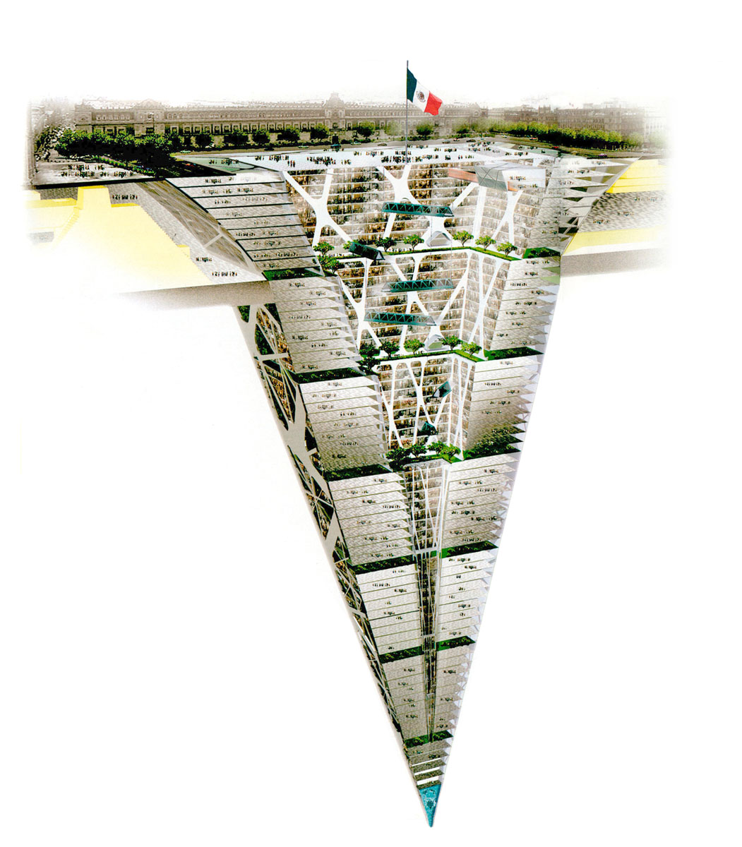 Szürreális vagy valóságos kép a jövőből? A képen Mexikóváros történelmi központjának terve:300 méter mélyre nyúlna le a fordított piramis, a föld belsejét „karcolva”. 