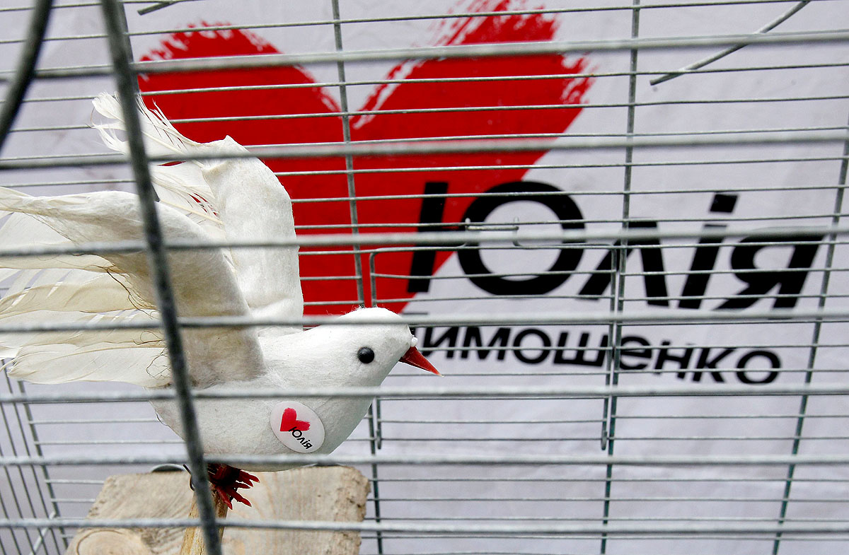 Ketrecbe zárt madár jelképezi Julija Timosenkót egy kijevi tüntetésen