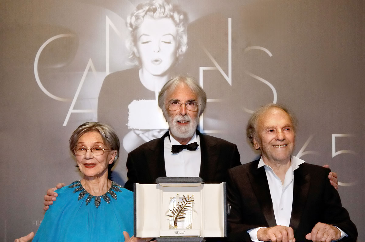 Emmanuelle Riva, Michael Haneke és Jean-Louis Trintignant eredményhirdetés után