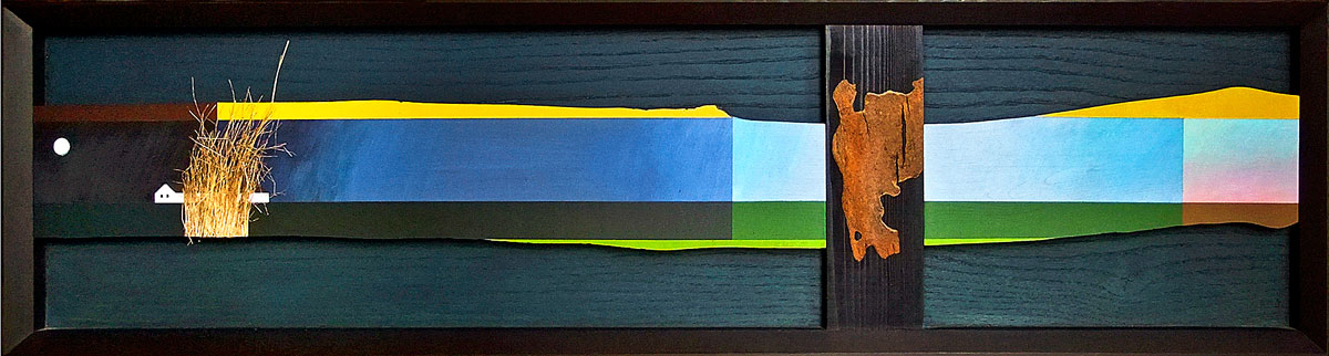 Egy nap a pusztán – P. S. emlékére, 2000. Akril, fa, fakéreg, bugaci fűcsomó, 25×125 cm