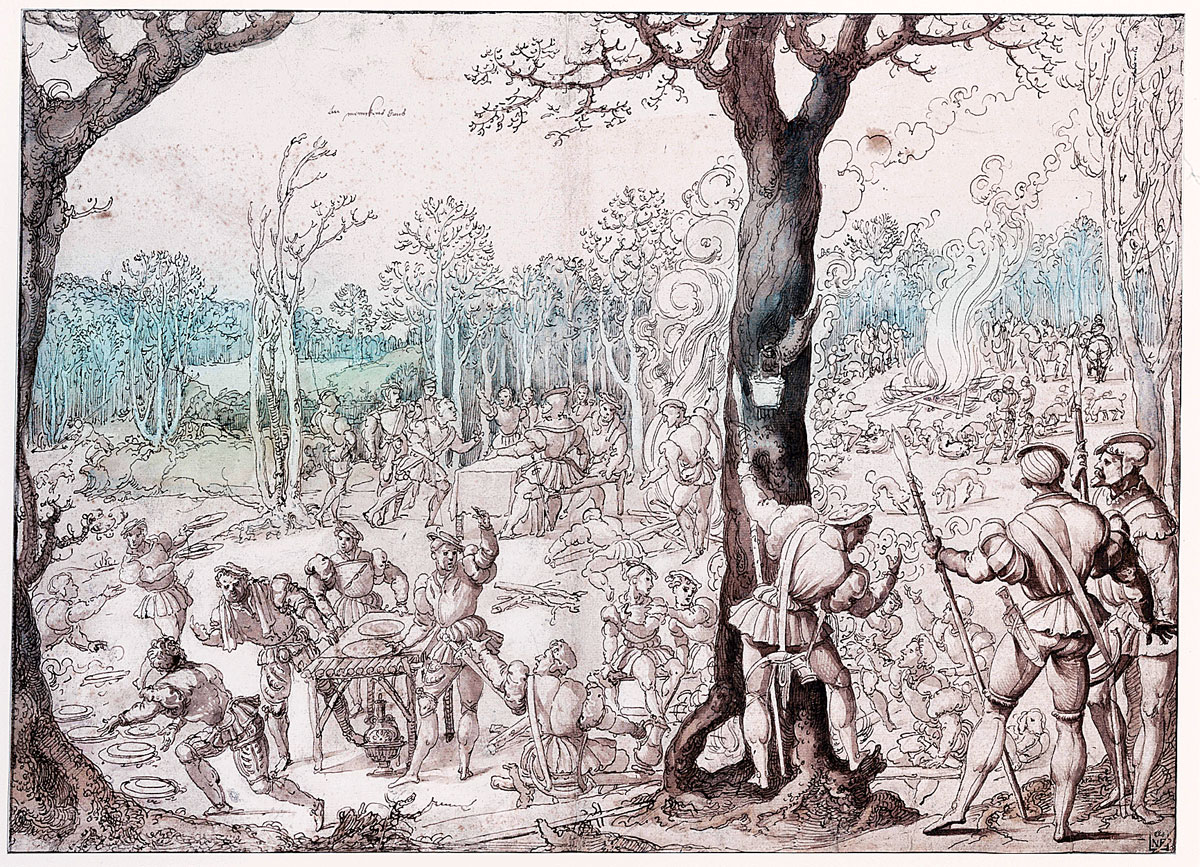 Barend van Orley: A vad szétosztása, 1528–1530. Toll, barna tinta, színes lavírozás, 387x537 mm