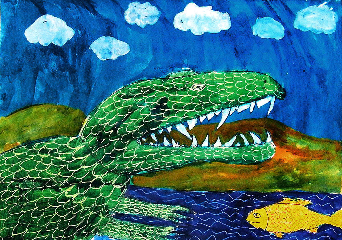 Szalai Sándor, az Igazgyöngy tanulójának festménye – a kis halat megeszik