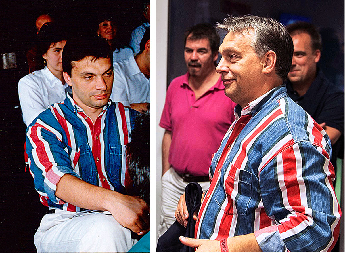Balra: Orbán Viktor 1993. júniusában a szárszói találkozón, balra: a miniszterelnök 2012. augusztus 30-án a Videoton-Trabzonspor meccsen Székesfehérváron
