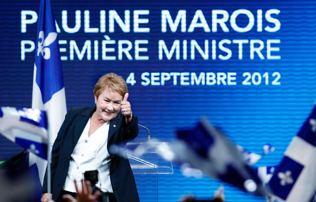 Pauline Marois, a Québeci Párt vezére híveihez beszél, miután pártja a legtöbb mandátumot szerezte a tartományi választásokon