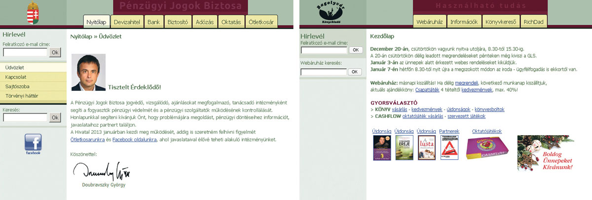 Balra a most kinevezett ombudsman új honlapja, míg jobbra a Bagolyvár internetes oldala