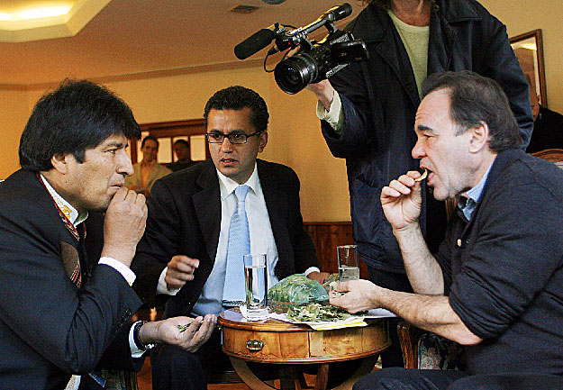 U.S. film director and screenwriter Oliver Stone (R) and Bolivian President Evo Morales chew coca leaves during a meeting at the Presidential Residence in La Paz, January 13, 2009.