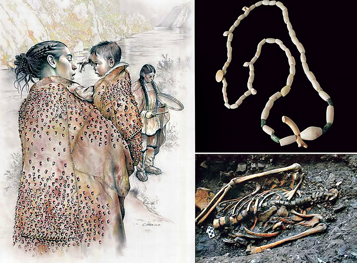 Neolitikus földműves és halászó-gyűjtögető pár; fenn mezolitikus nyaklánc; lenn egy vizsgált csontváz