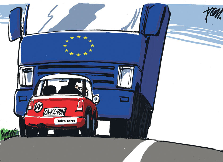 Az út rossz oldalán. Tom Janssen karikatúrája a Trouw holland napilapban