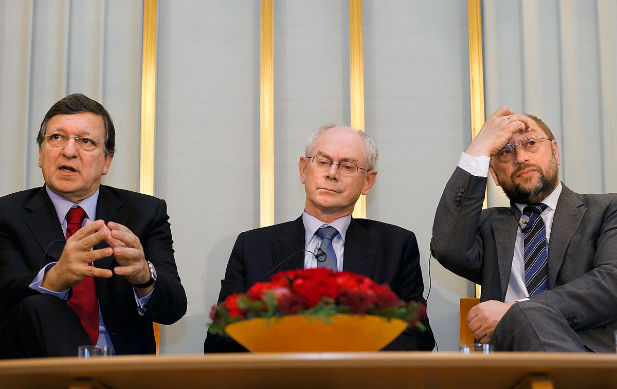 Az intézményi háromszög élőben: Barroso, az Európai Bizottság, Van Rompuy, az Európai Tanács, Schulz, az Európai Parlament elnöke