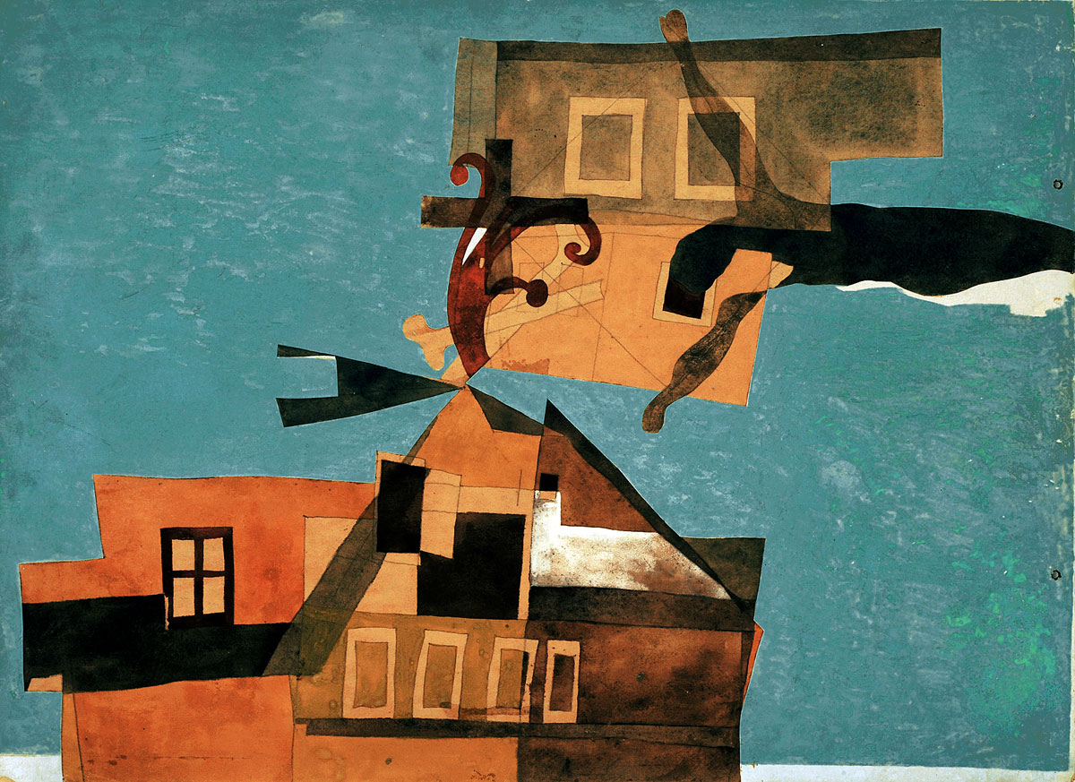 Szentendrei házak feszülettel. 1937. Tempera, kollázs, 46≈62 cm