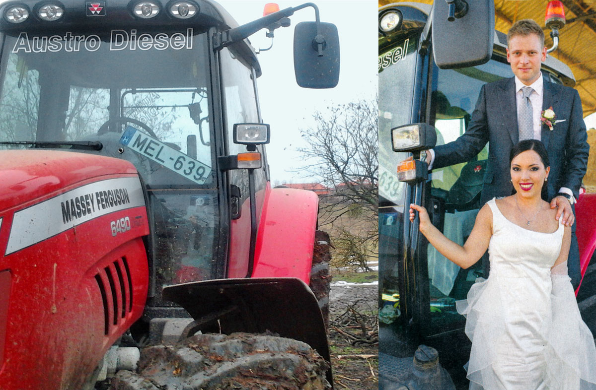 A piros traktor a fairtás helyszínén február 6-án és mint szeptemberi esküvői díszlet a Storyban