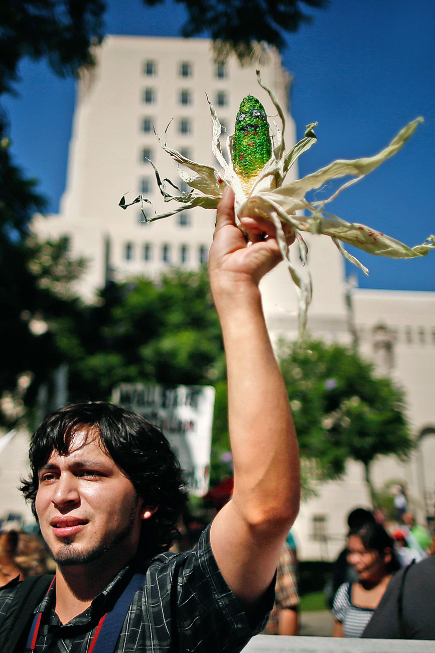 Tiszta kukoricát! A hormonkezelt termékek ellen tüntetők Los Angelesben