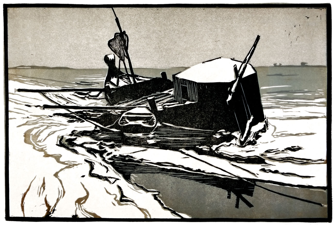 Erdőssy Béla (1871–1928): Halászbárka, 1909 körül. Színes linóleummetszet, japán papír