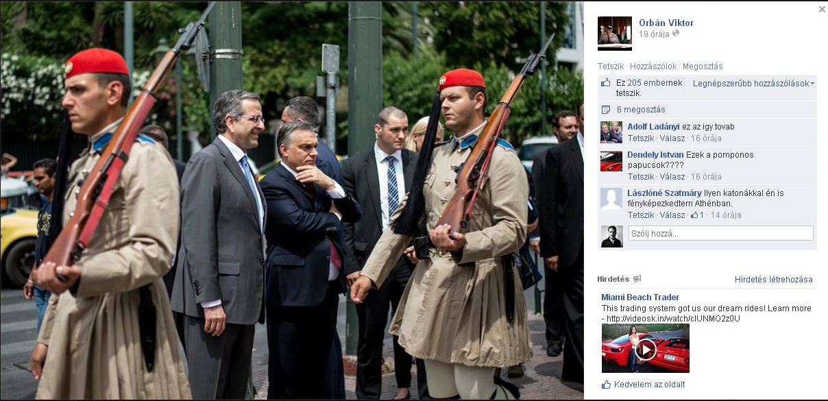 Június 3-án a Facebookra feltöltött kép Orbán Viktor közösségi oldalán - a jobb alsó sarokban az amerikai cég automatizált hirdetésével