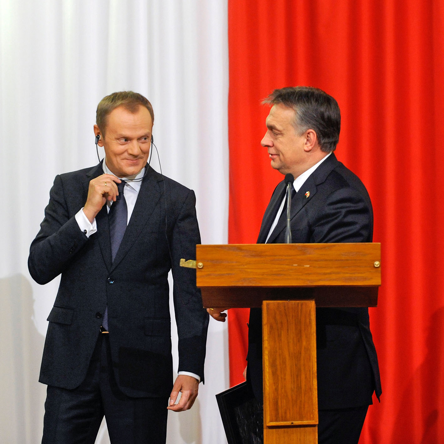 Donald Tusk lengyel és Orbán Viktor magyar kormányfő a januári találkozójukon