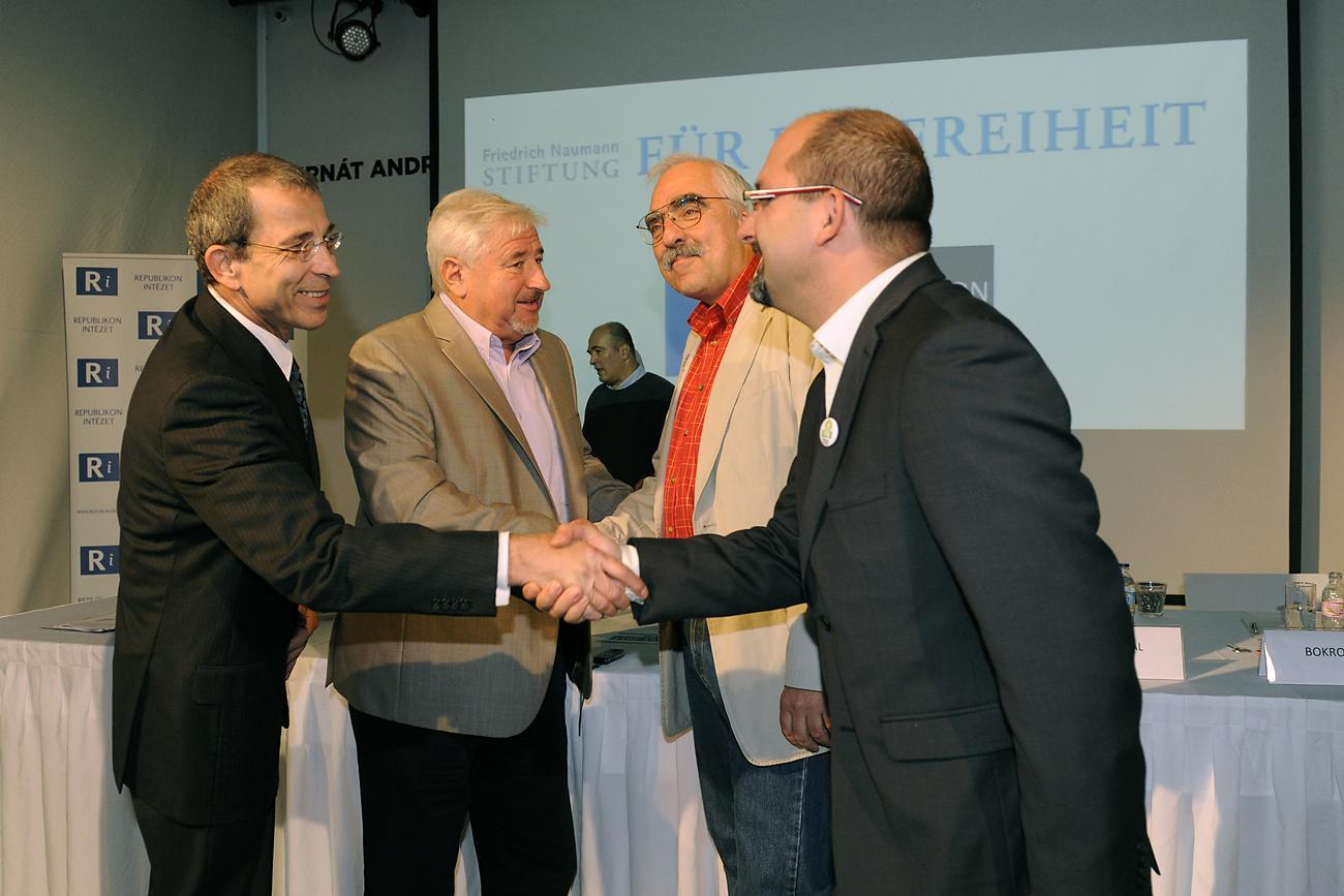 Bodnár Zoltán, Magyar György, Bokros Lajos és Csárdi Antal a Republikon Intézet szeptember végi konferenciáján