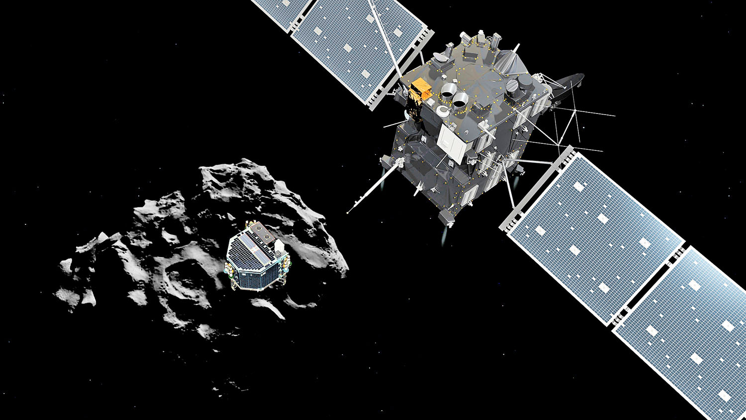 Rajz a Rosetta űrszondáról, melynek leszállóegysége, a Philae épp az üstökösön landol
