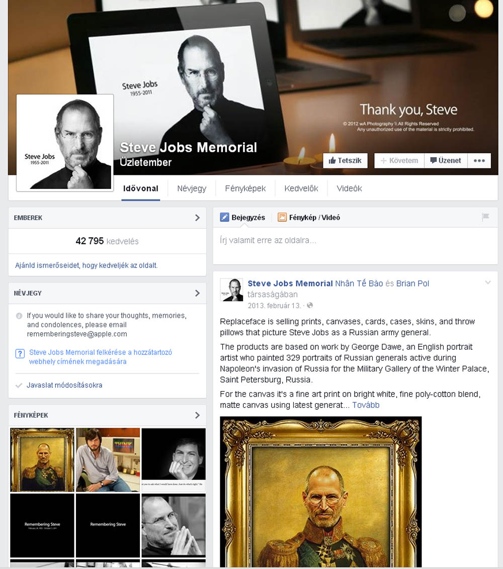 Steve Jobs emlékoldala a Facebookon