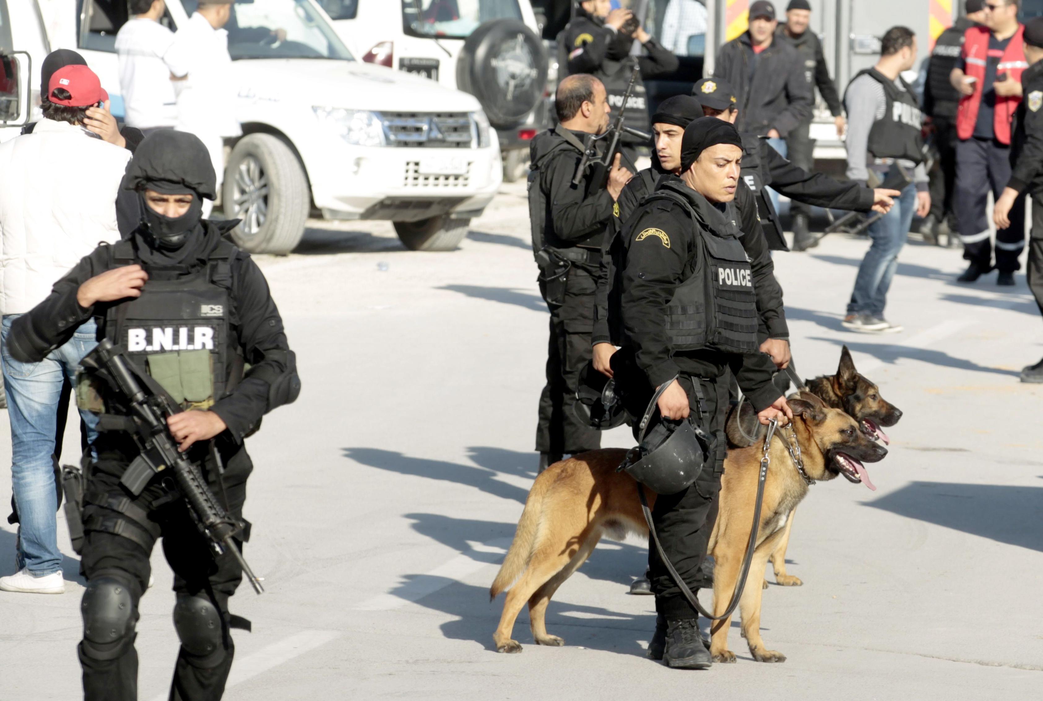Kutyás rendőrök feésülik át a tuniszi parlament és a nemzeti múzezum közötti területet