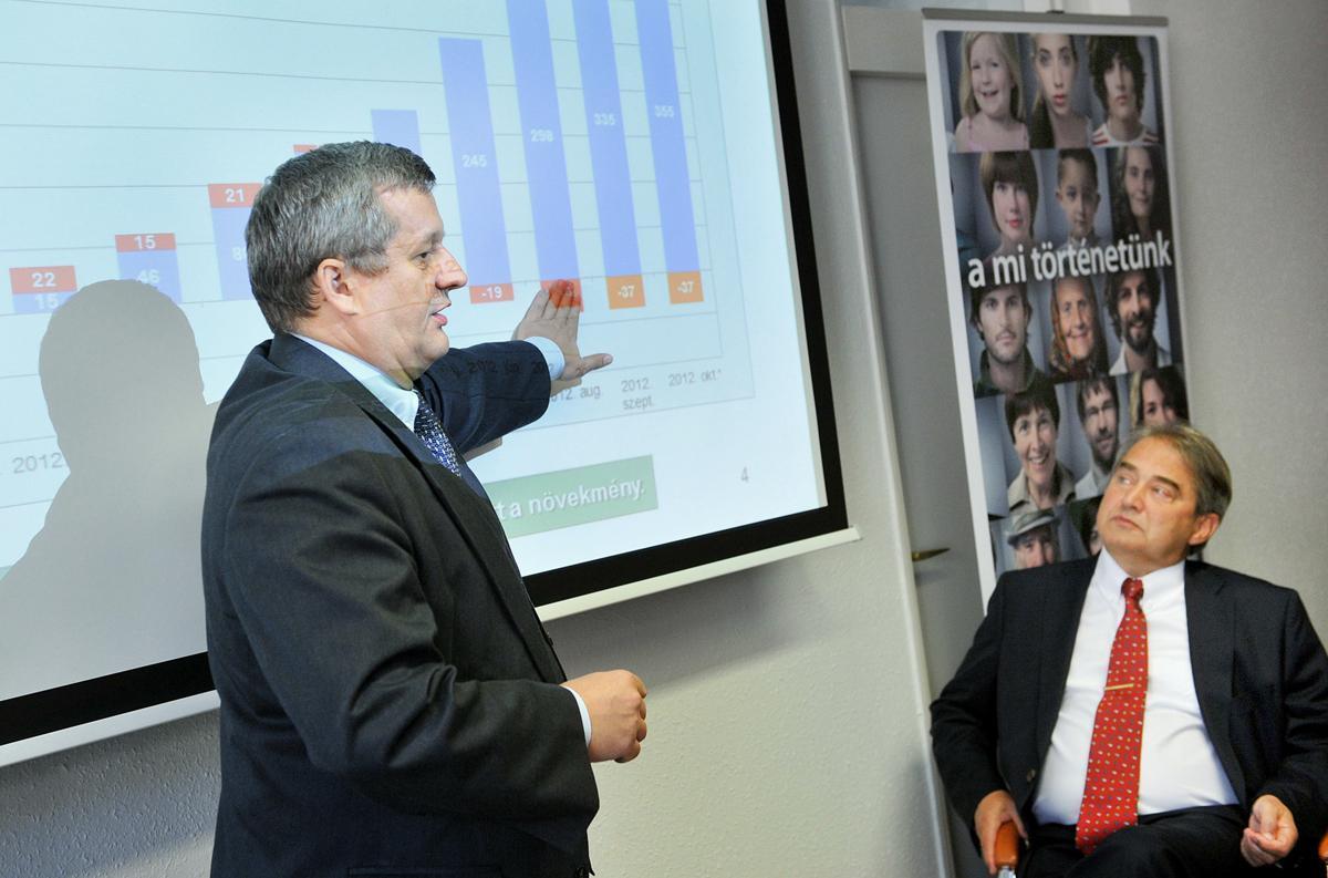 Töröcskei (jobbra) Borbély László Andrással, az Államadósság Kezelő Központ vezérigazgató-helyettesével egy 2013-as felvételen. Tavaly decemberig Töröcskei az ÁKK vezérigazgatója is volt
