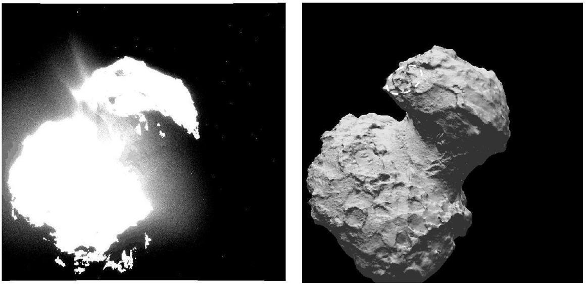 Az OSIRIS túlexponált felvételén jól látszanak az üstökösmag kisebbik összetevőjén, a Ma'at régió területén levő lyukakból kiinduló porsugarak a szaggatott körvonalon belüli területen