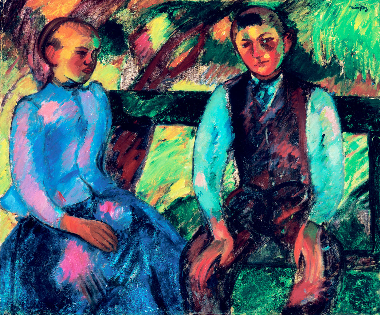 Márffy Ödön: Fiú és leány zöld padon ülve, 1908