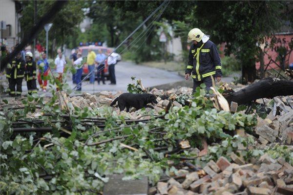 Budapest, 2015. július 8. Egy tűzoltó Budapest X. kerületében, a Cserkesz utcában 2015. július 8-án keresőkutyájával a viharban kidőlt téglafal romjait ellenőrzi, hogy az esetleg nem temetett-e valakit maga alá.