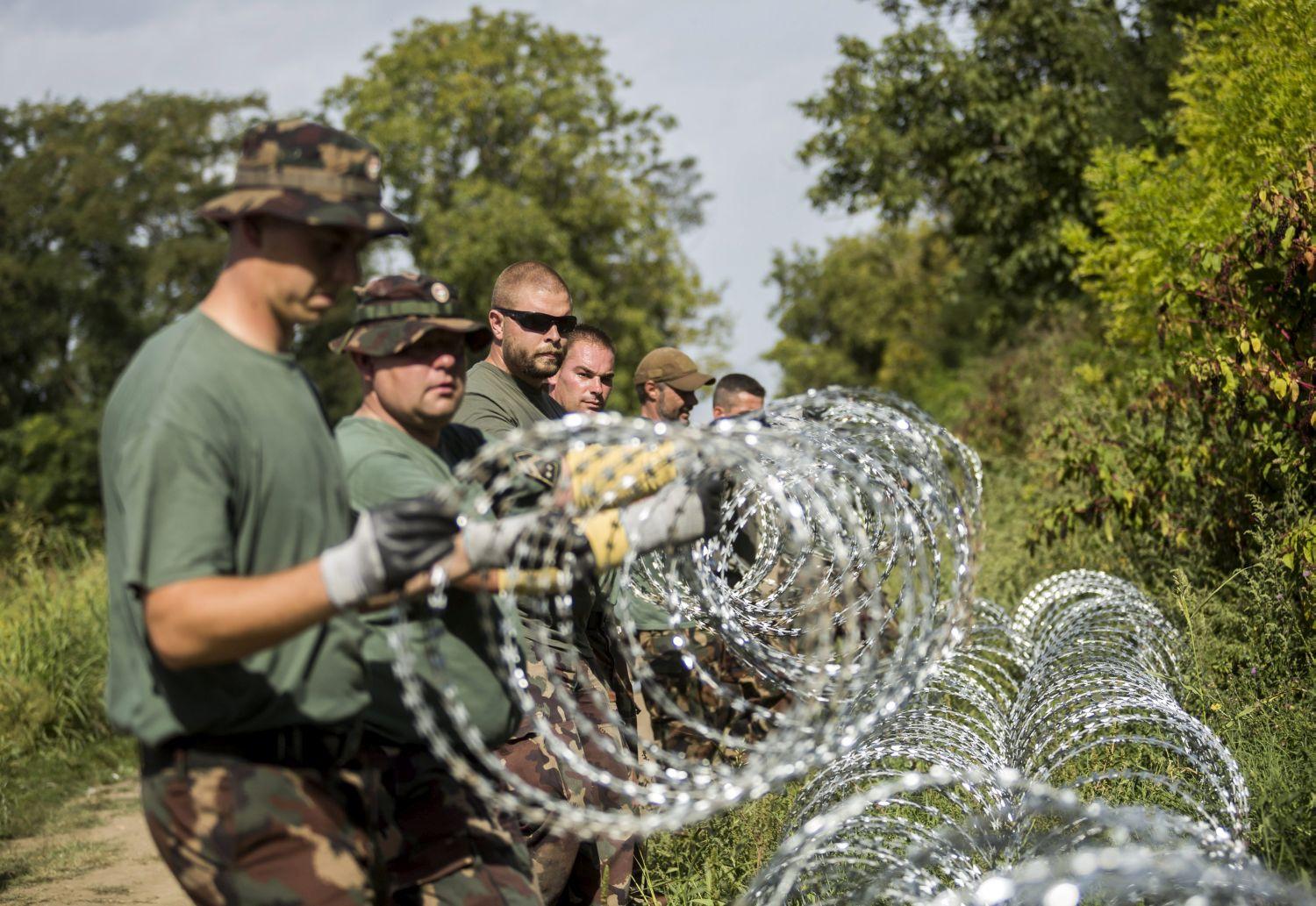 Katonák szögesdrótot helyeznek el a magyar-horvát határ magyarországi oldalán, Sárok határában. A kerítést 41 kilométeren építik ki, az 