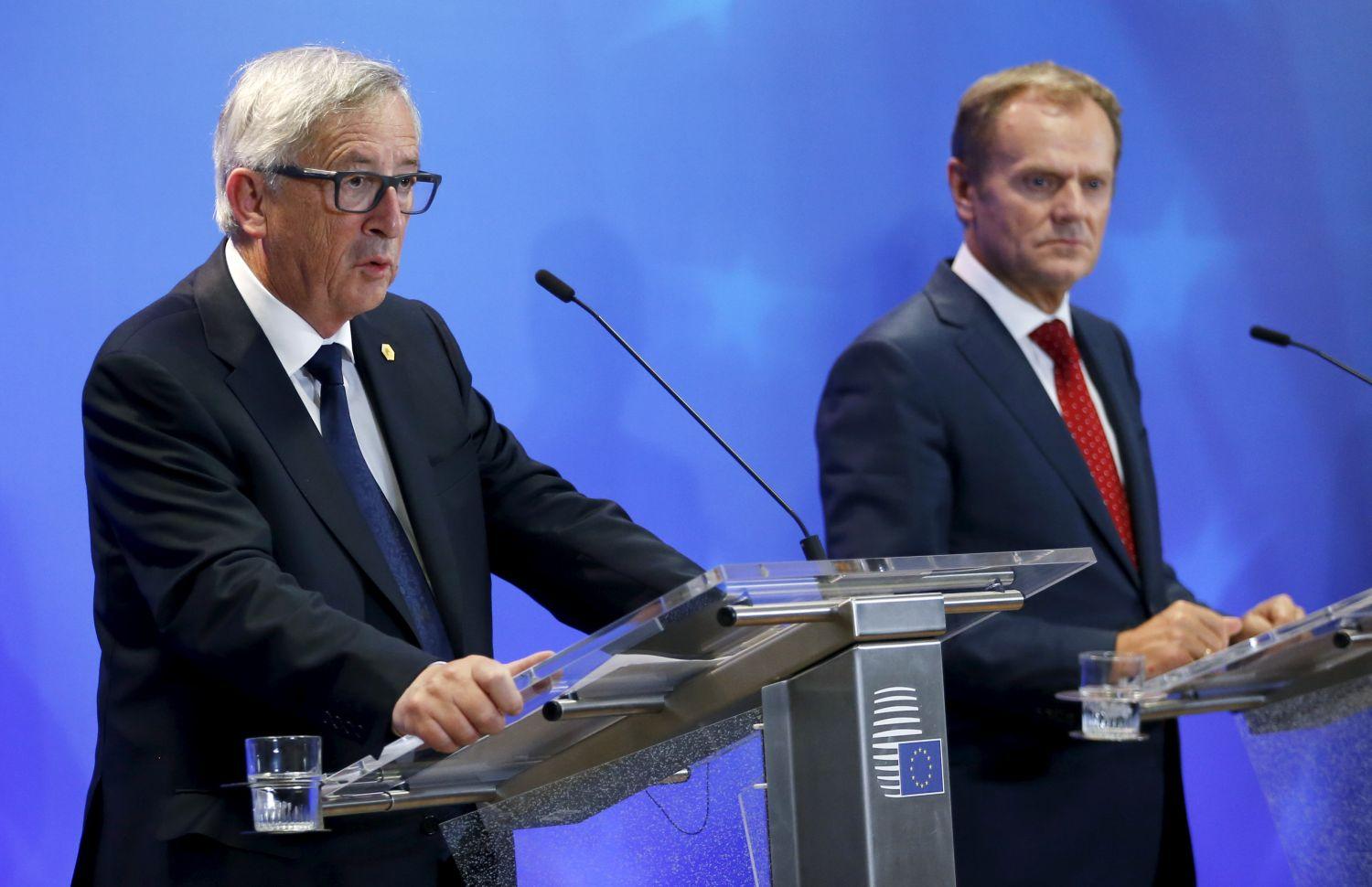 Jean-Claude Juncker, az Európai Bizottság elnöke és Donald Tusk, a Tanács vezetője Brüsszelben