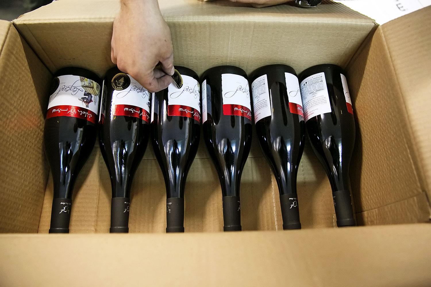 Címkézés a ciszjordániai Shiloh borászatban, amely évente ötvenezer palackot exportál