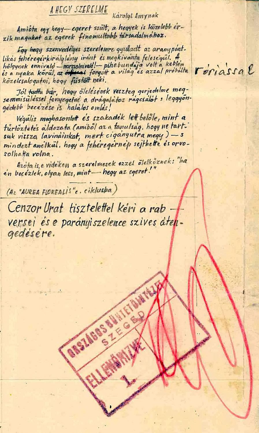 Határ Győző a Szegedi Fegyház és Börtönben 1950-ben írt levele