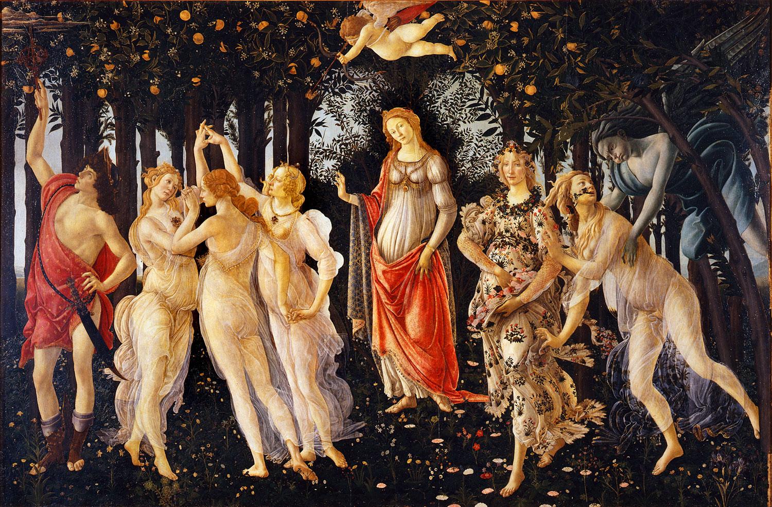 Botticelli: Primavera. Jobbról Zephürosz, Flóra, Vénusz, fölötte Ámor, majd a Kháriszok és Merkur. De ki közülük a Tavasz? 