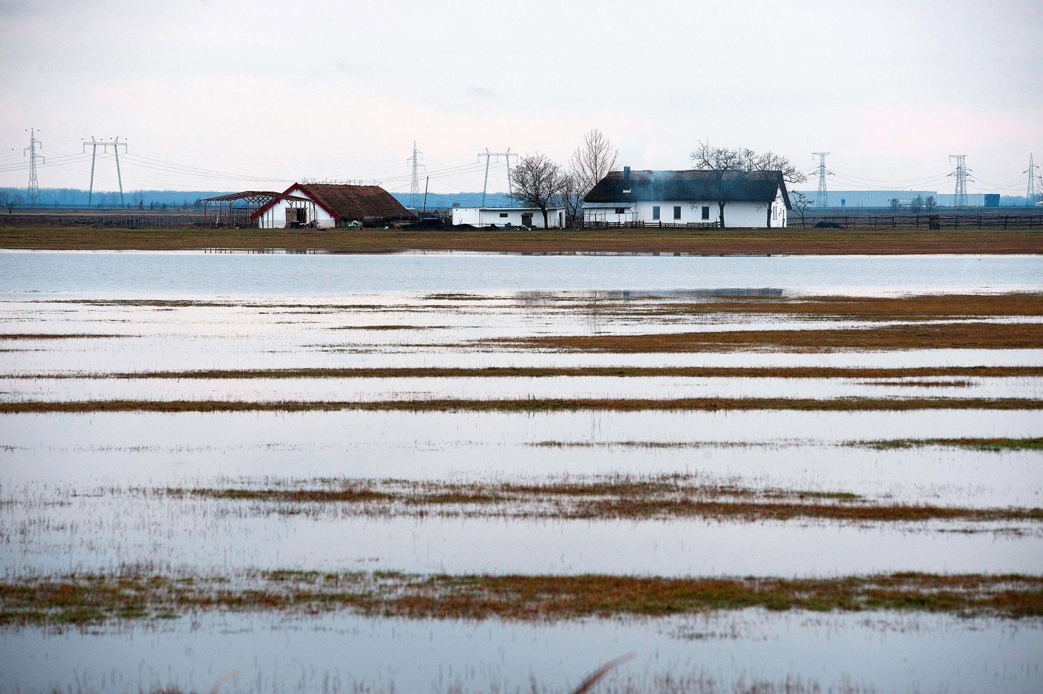 Belvízzel borított legelő egy tanya mellett Görbeháza térségében