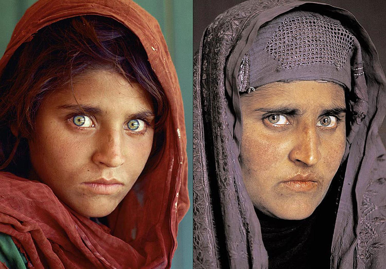 Sharbat Gula, az Afgán lány 1984-ben és tizenhét évvel később, 2001-ben