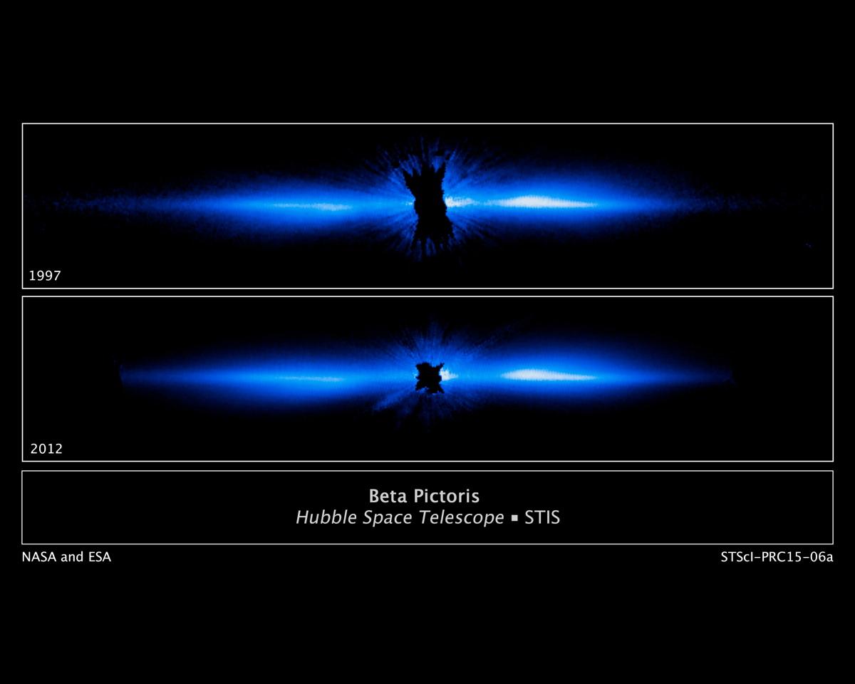 A Beta Pictorist körülvevő óriási gáz- és porgyűrű a Hubble felvételén