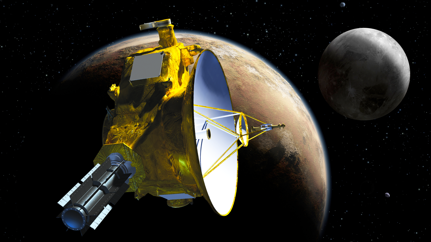 Illusztráció a Plútó közelében járó New Horizons szondáról