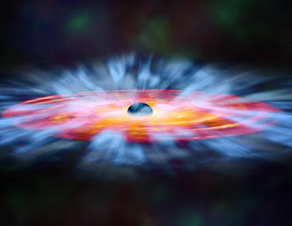 Illusztráció egy fekete lyuk körül tomboló ultraibolya szélviharról. 