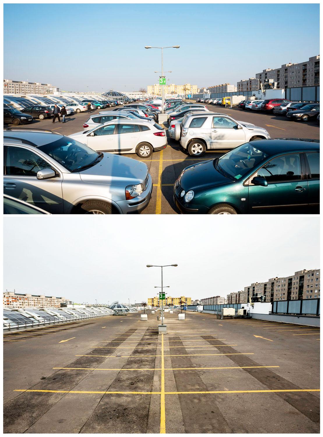Újra megtelhetnek minden nap a bevásárlóközpontok parkolói. Most ilyen az Árkád szombaton (felül), s vasárnap (alul)