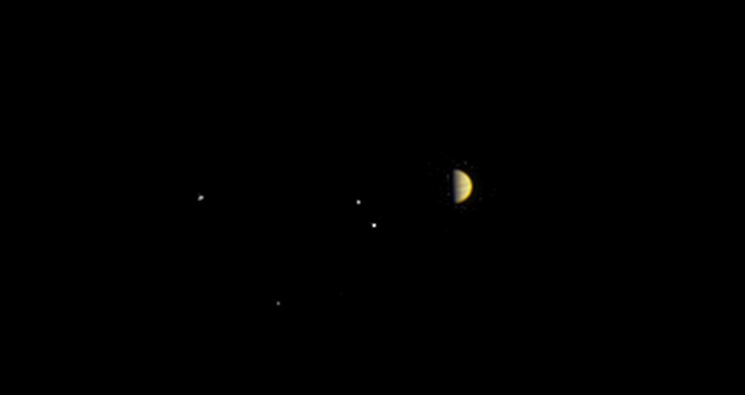 A Juno legutóbbi felvétele a közeledő Jupiterről és négy legnagyobb holdjáról