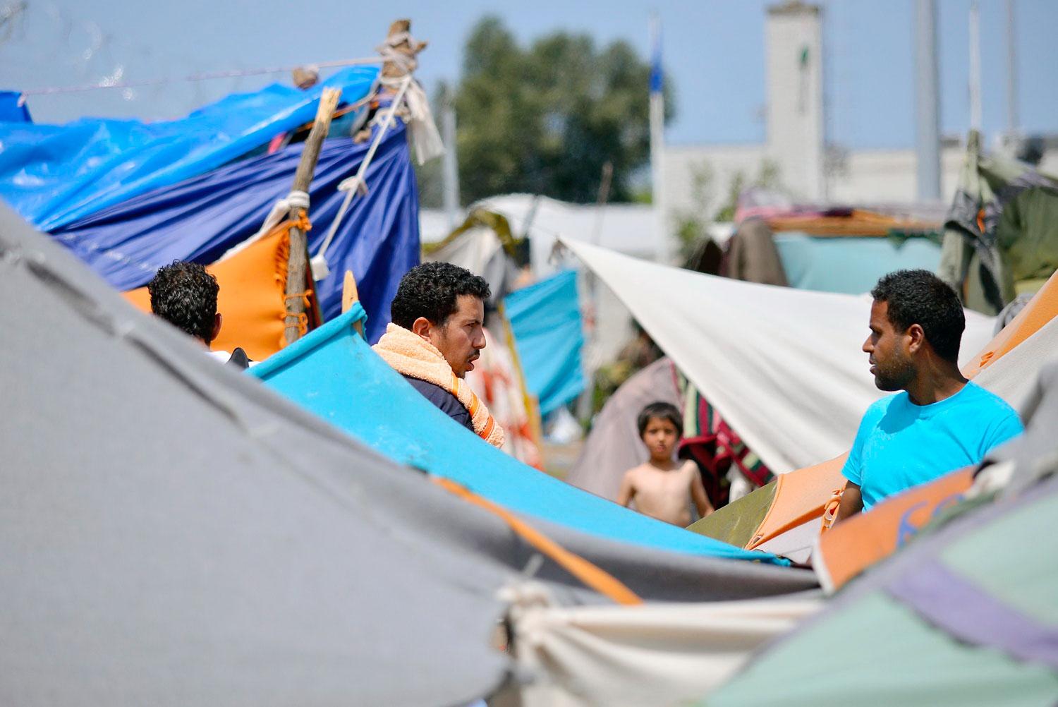 Migránsok sátortábora a vajdasági Kelebiánál, a szerb–magyar határ közelében, a kerítés mellett. Több százan várakoznak