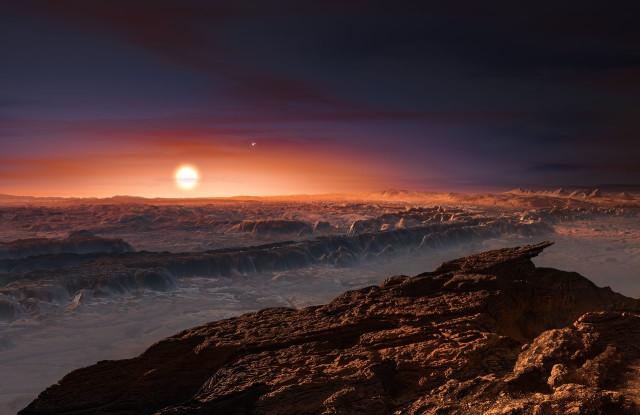 Fantáziarajz a Proxima b felszínéről. A horizonton a Proxima Centauri, tőleg jobbra pedig az AB Centauri kettőscsillag látható