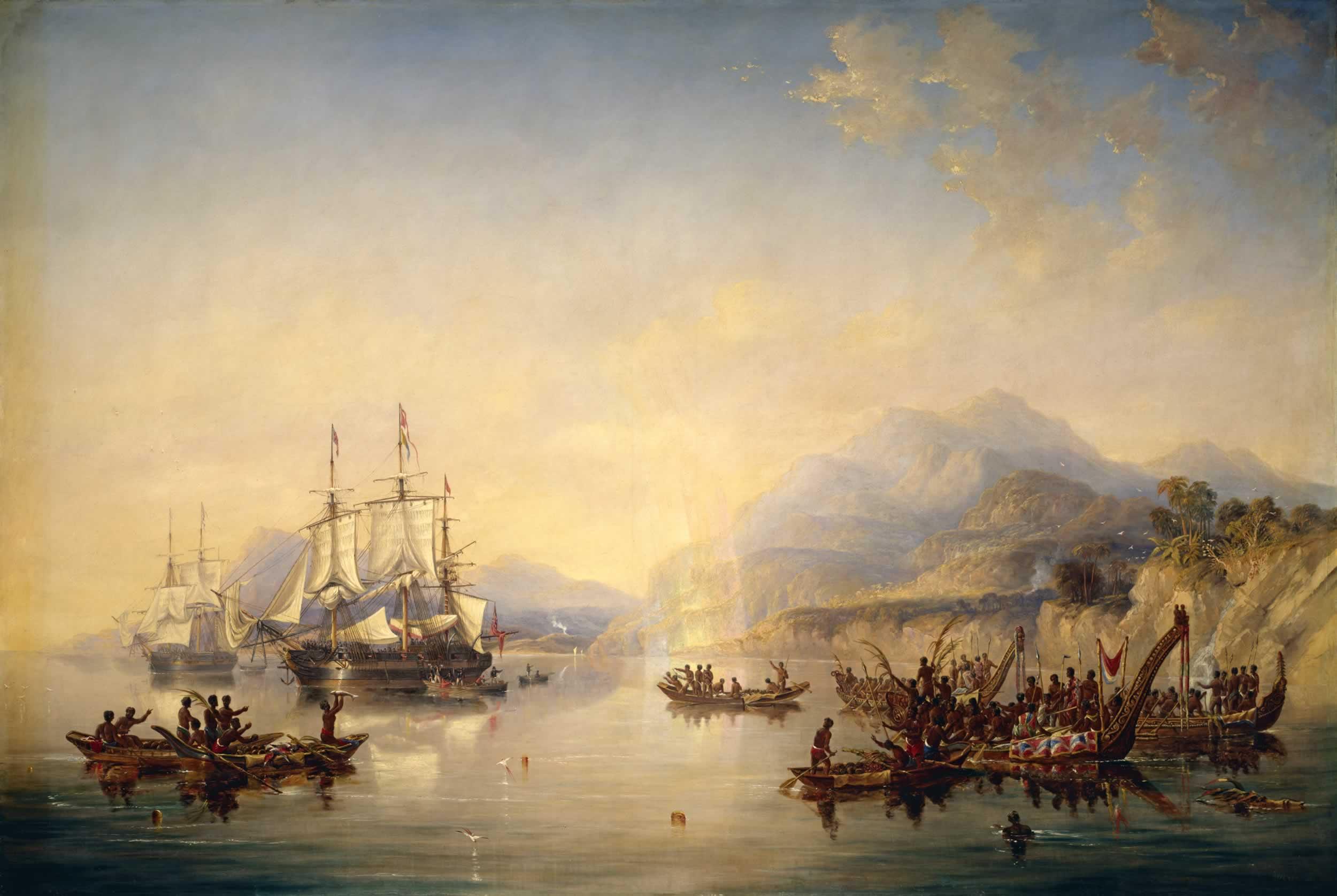 Az Erebus és a Terror Új-Zélandon 1841-ben, John Wilson Carmichael festményén